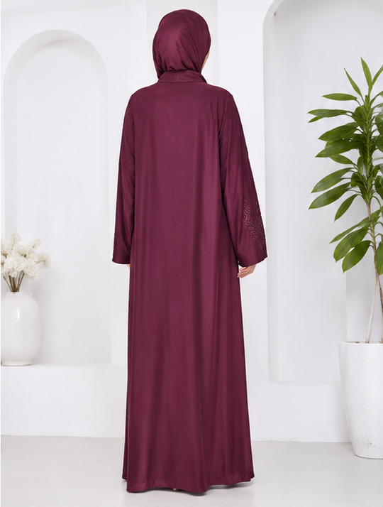 AL-Haram Elegant Maroon Embroidered Front-Open Abaya