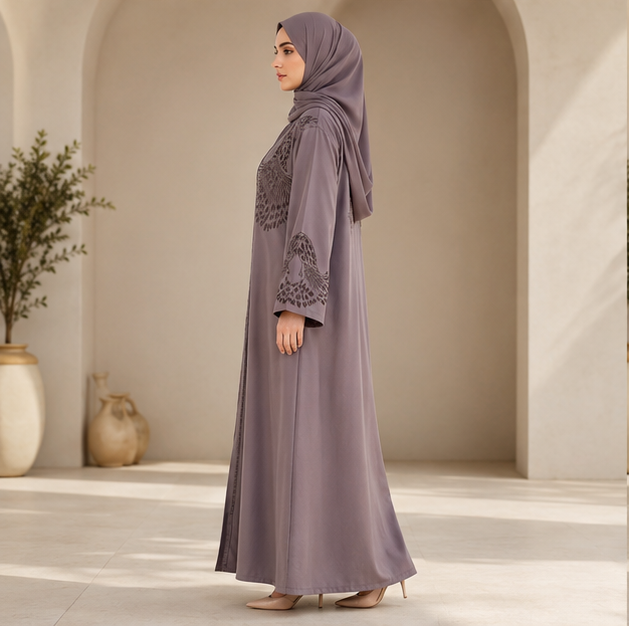 AL-Haram Premium Taupe Floral Embroidered Abaya
