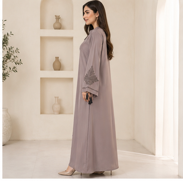 Elegant Taupe Embroidered Modest Maxi Abaya