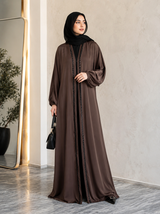 Luxury Brown Nida Abaya with Elegant Black Embellished Front Open Design
