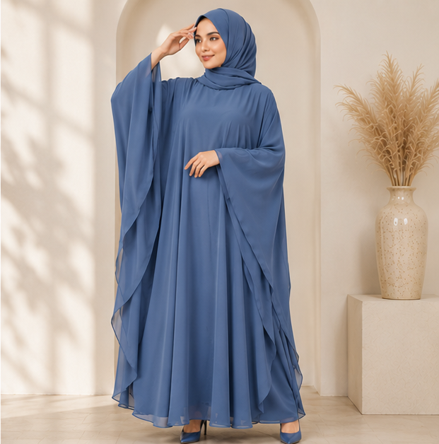 Women's Elegant Teal Modest Kaftan Abaya with Flowing Chiffon Cape Sleeves & Matching Hijab