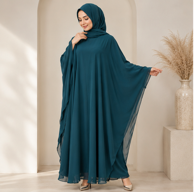 Women's Elegant Teal Modest Kaftan Abaya with Flowing Chiffon Cape Sleeves & Matching Hijab