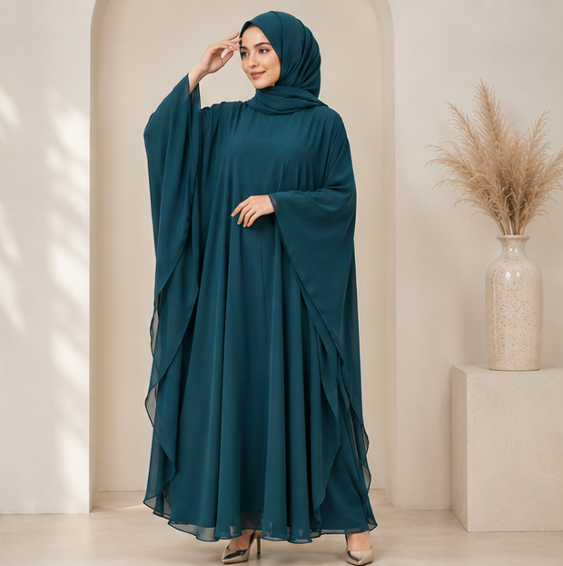 Women's Elegant Teal Modest Kaftan Abaya with Flowing Chiffon Cape Sleeves & Matching Hijab