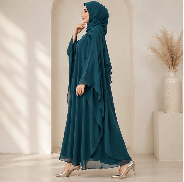 Women's Elegant Teal Modest Kaftan Abaya with Flowing Chiffon Cape Sleeves & Matching Hijab