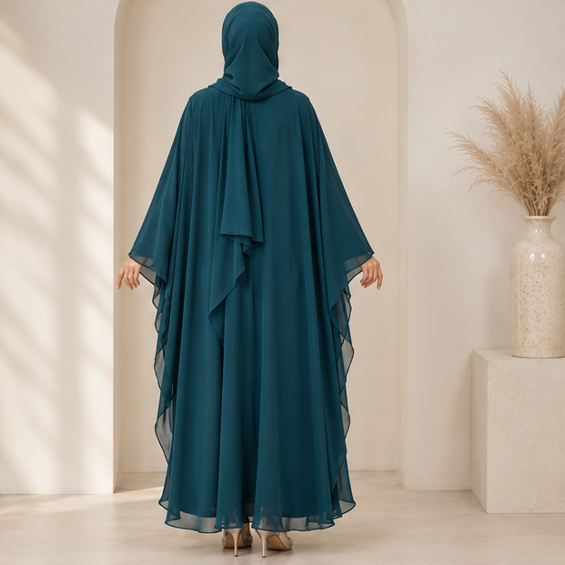 Women's Elegant Teal Modest Kaftan Abaya with Flowing Chiffon Cape Sleeves & Matching Hijab