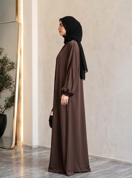 Luxury Brown Nida Abaya with Elegant Black Embellished Front Open Design