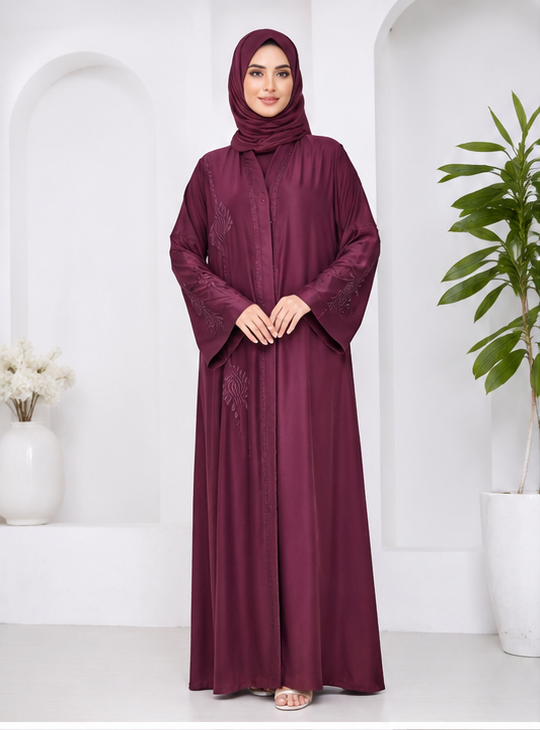 AL-Haram Elegant Maroon Embroidered Front-Open Abaya