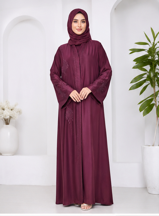 AL-Haram Elegant Maroon Embroidered Front-Open Abaya