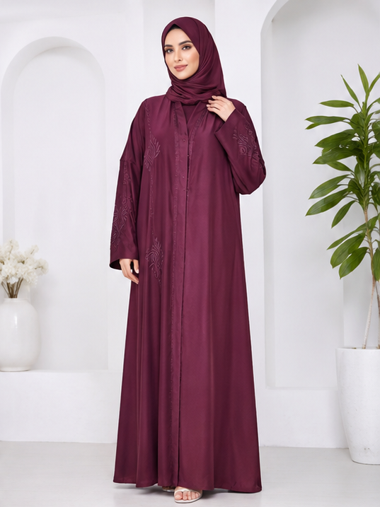AL-Haram Elegant Maroon Embroidered Front-Open Abaya