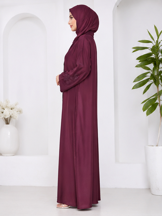 AL-Haram Elegant Maroon Embroidered Front-Open Abaya