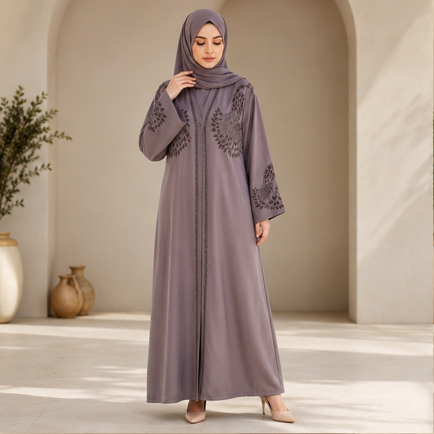 AL-Haram Premium Taupe Floral Embroidered Abaya
