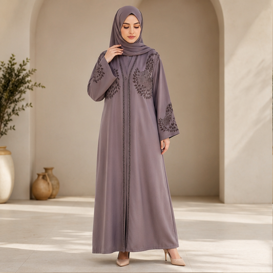 AL-Haram Premium Taupe Floral Embroidered Abaya