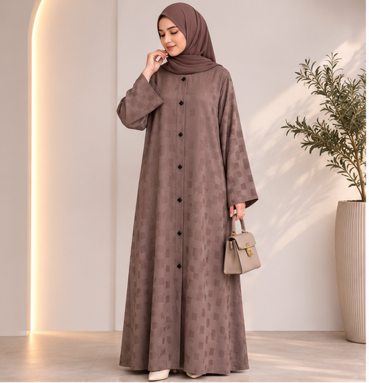 Al-Haram Elegant Mocha Textured Button-Front Maxi Abaya