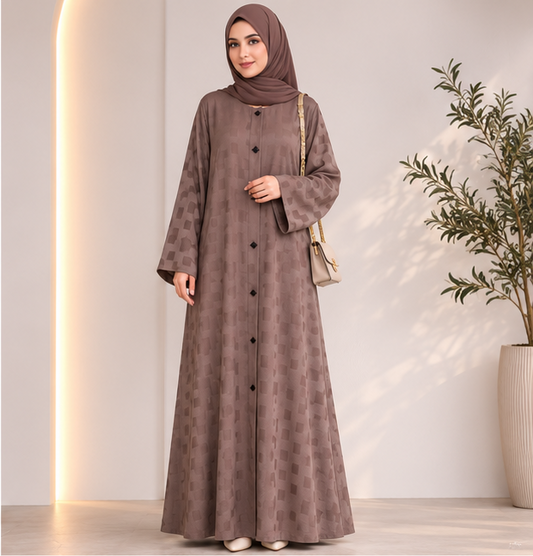 Al-Haram Elegant Mocha Textured Button-Front Maxi Abaya