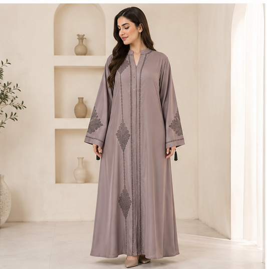 Elegant Taupe Embroidered Modest Maxi Abaya