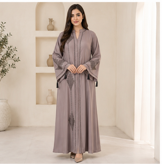 Elegant Taupe Embroidered Modest Maxi Abaya