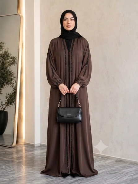 Luxury Brown Nida Abaya with Elegant Black Embellished Front Open Design