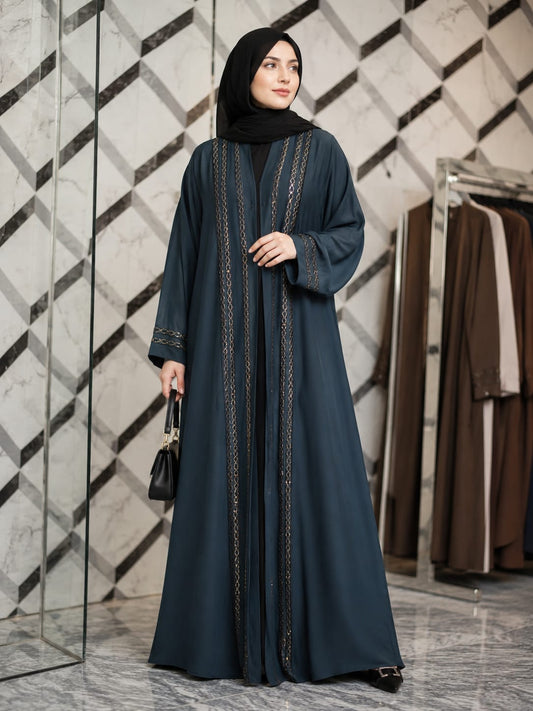 Premium Teal Embroidered Open Abaya for Women | Modest Islamic Wear | Al Haram Abaya