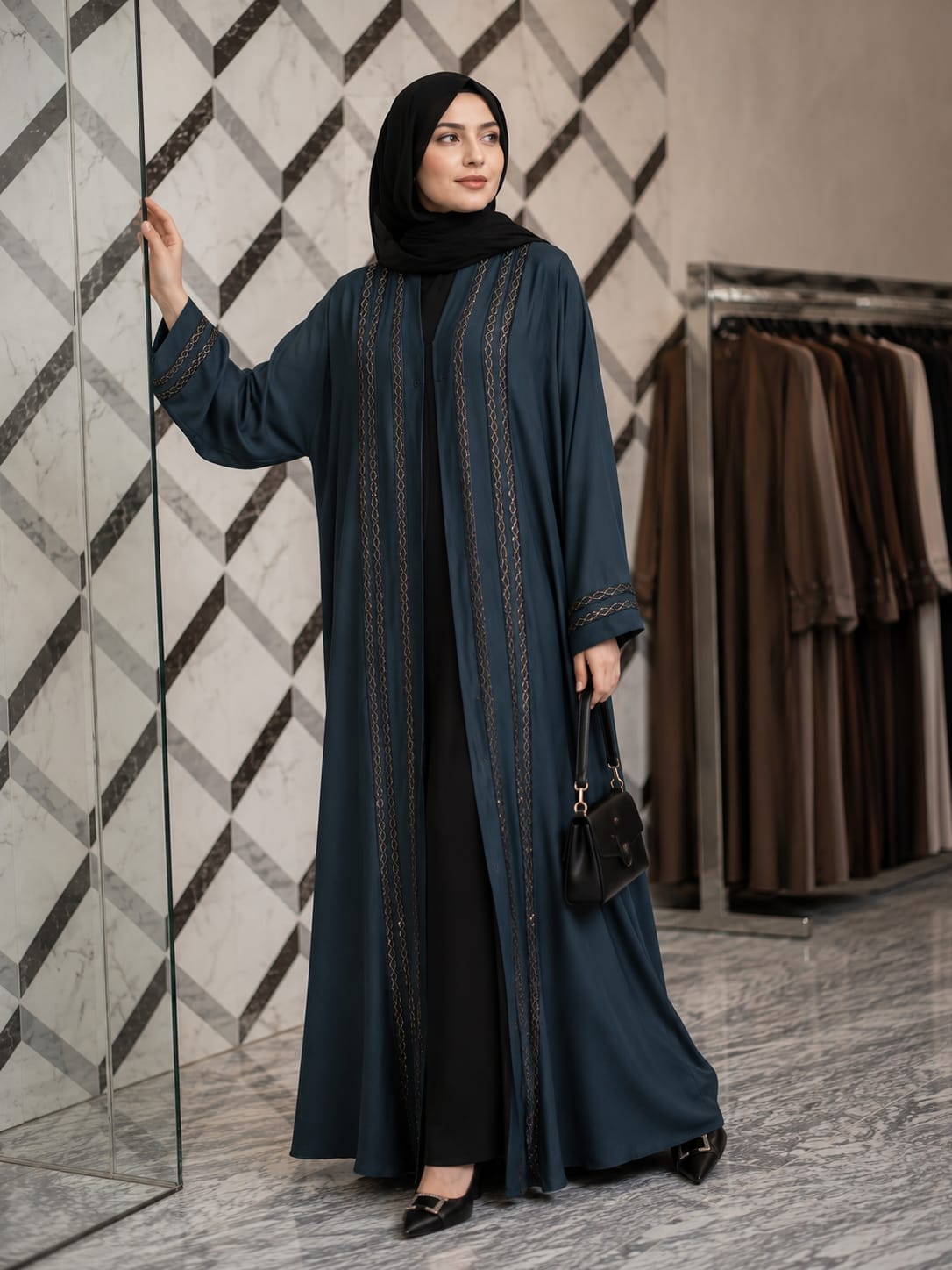 Premium Teal Embroidered Open Abaya for Women | Modest Islamic Wear | Al Haram Abaya