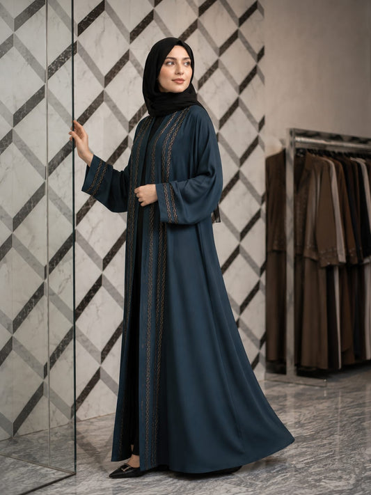 Premium Teal Embroidered Open Abaya for Women | Modest Islamic Wear | Al Haram Abaya