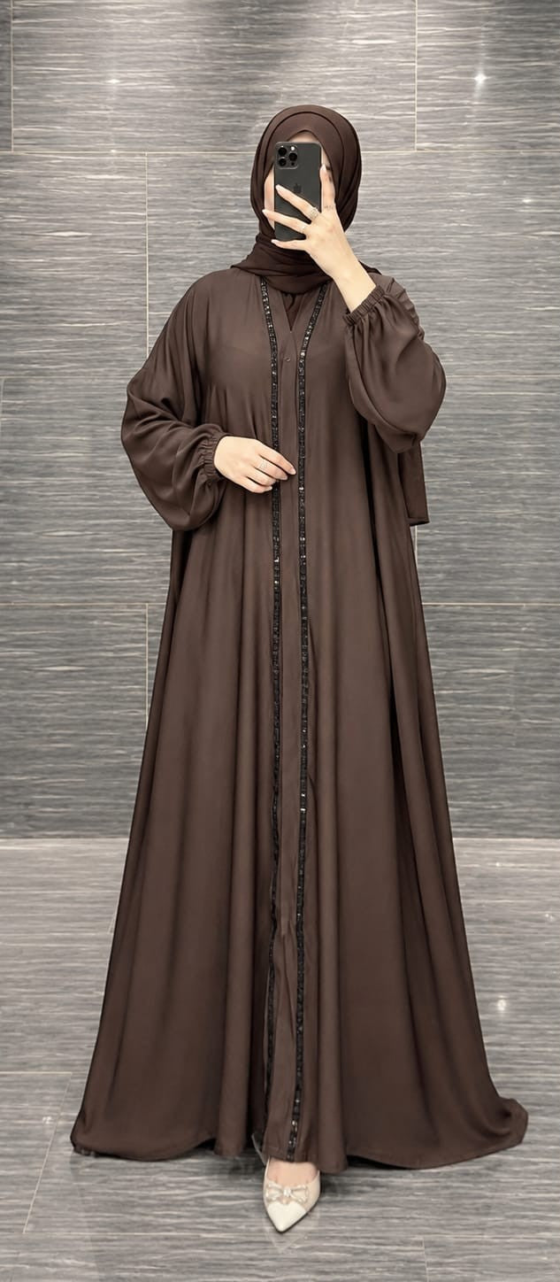 Luxury Brown Nida Abaya with Elegant Black Embellished Front Open Design