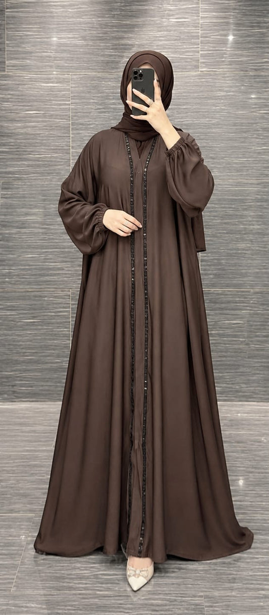 Luxury Brown Nida Abaya with Elegant Black Embellished Front Open Design