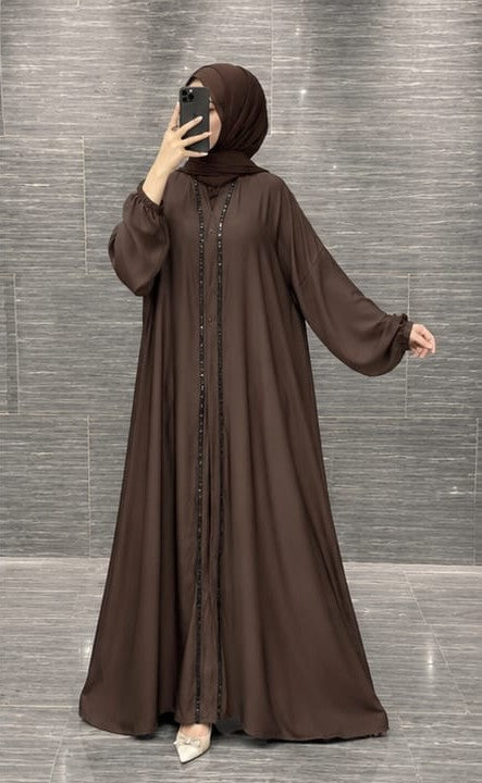 Luxury Brown Nida Abaya with Elegant Black Embellished Front Open Design