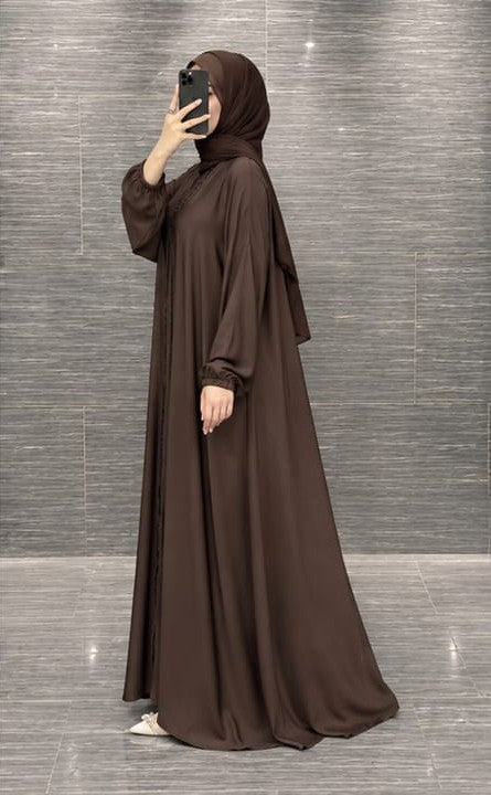 Luxury Brown Nida Abaya with Elegant Black Embellished Front Open Design