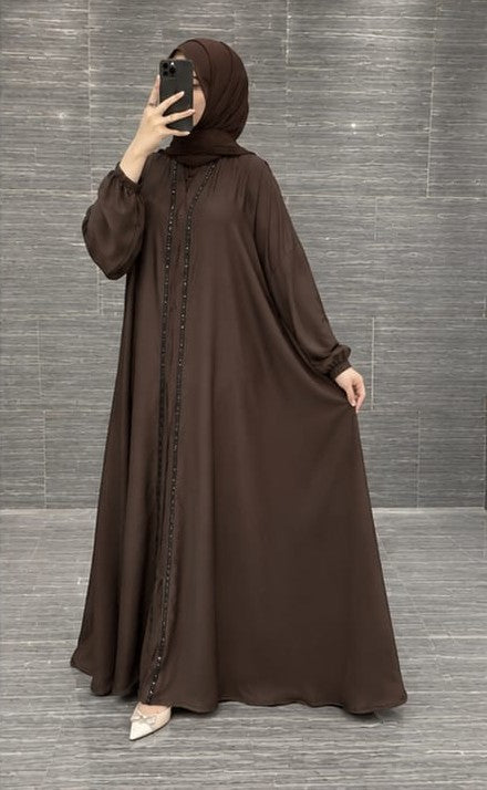 Luxury Brown Nida Abaya with Elegant Black Embellished Front Open Design